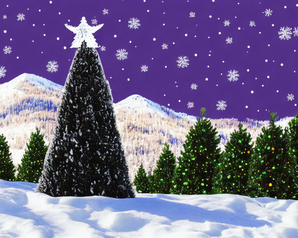 Winter Scene with Large Christmas Tree and Snowflakes in Snowy Landscape