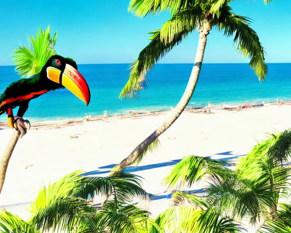 Vibrant toucan on palm tree with blue sky & beach