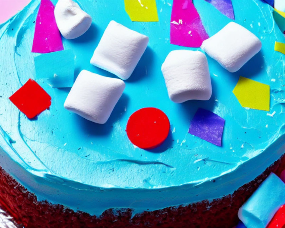 Colorful Red Velvet Cake with Blue Frosting and Marshmallows on Pink Background