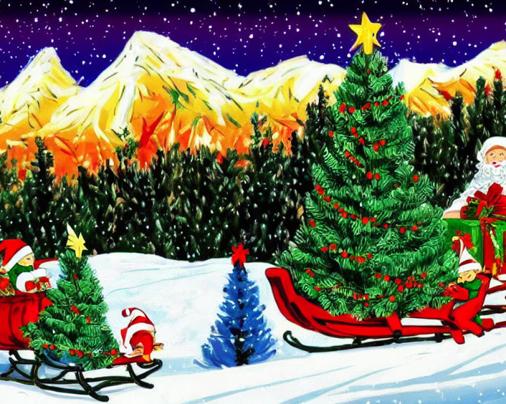 Vibrant Santa Claus and elves with sleigh in snowy mountain scene