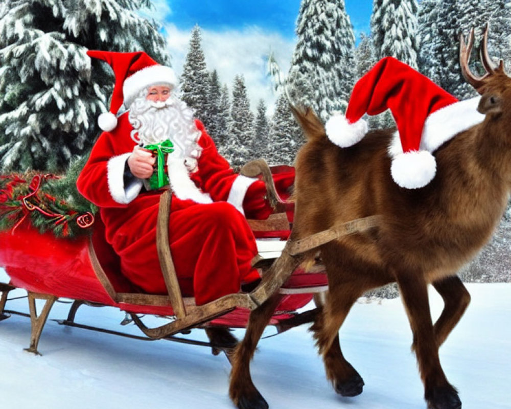 Santa Claus and reindeer in Santa hats on sled in snowy forest.