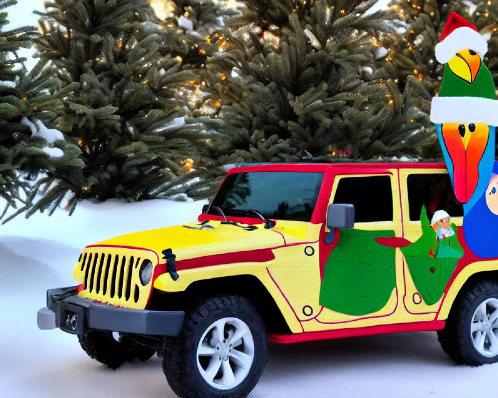 Yellow Jeep Toy Model with Penguin and Characters in Holiday Attire on Snowy Backdrop