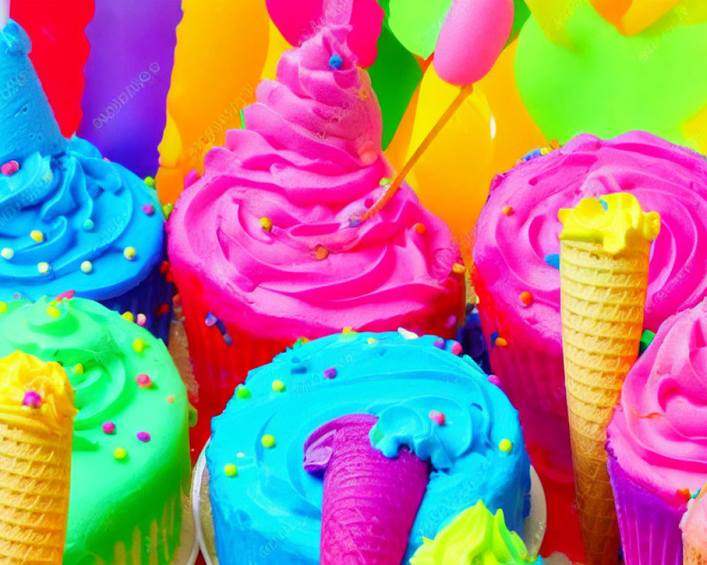 Colorful Cupcakes with Pink and Blue Frosting and Sprinkles