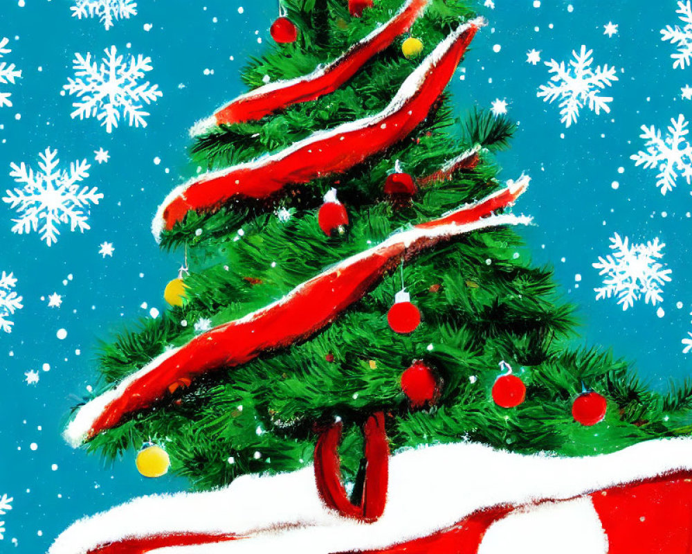 Vibrant Christmas tree illustration with red ornaments on blue background