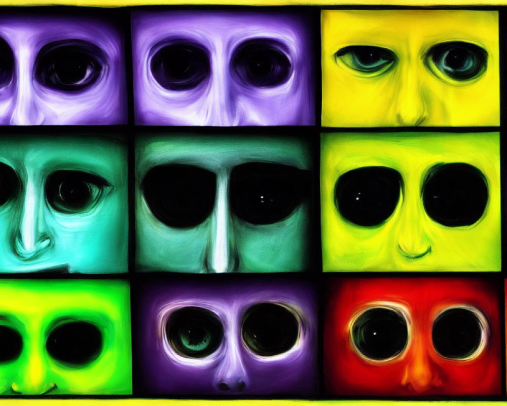 Vibrant grid of stylized alien faces with large eyes