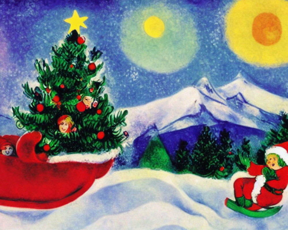 Vibrant Christmas illustration with two Santas, snowy mountains, and festive decorations