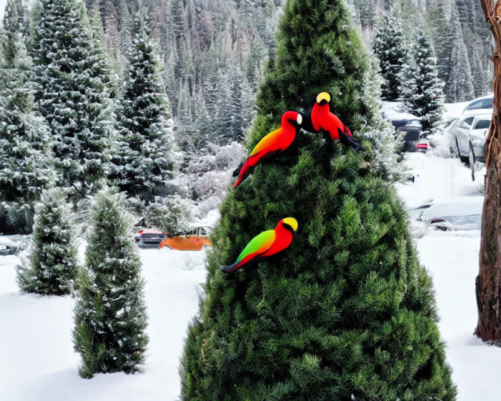 Colorful Parrots Perched on Pine Tree with Snowy Background