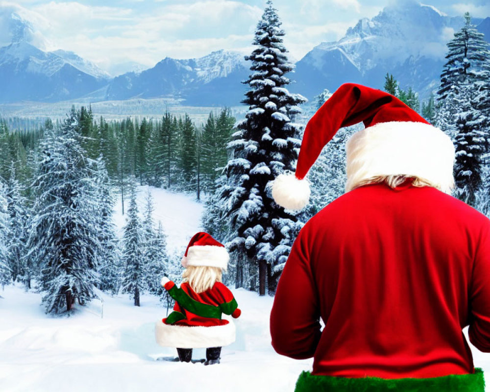 Santa Claus and elf in snowy winter landscape with pine trees and mountains.