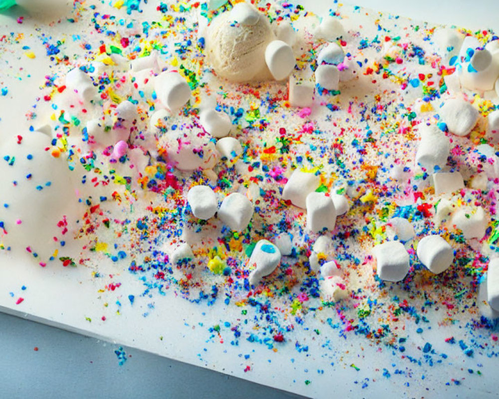 Colorful melted ice cream with sprinkles and marshmallows on light surface