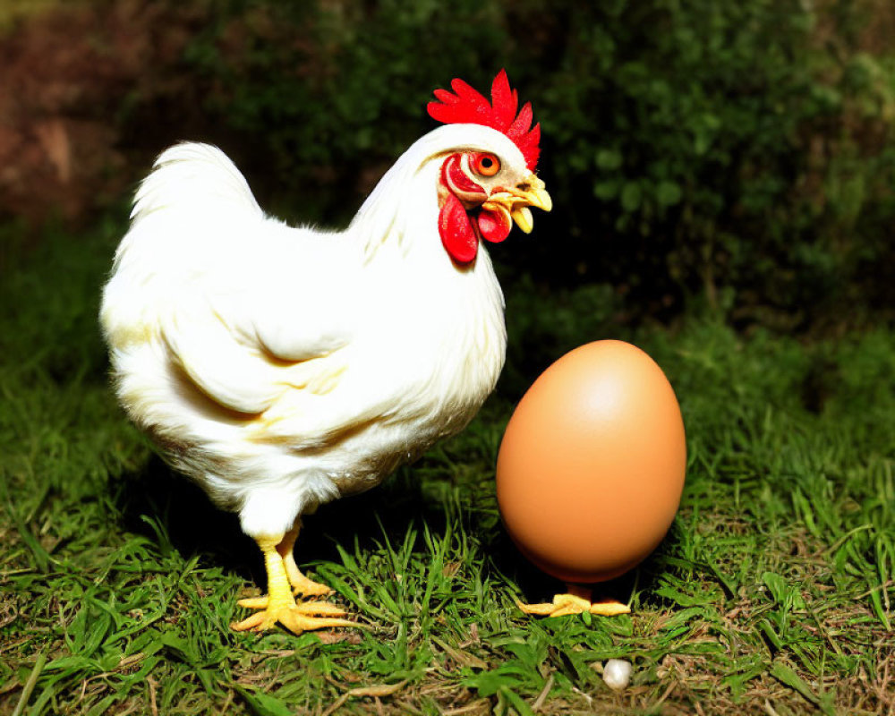 White Hen with Large Brown Egg on Grass Surface