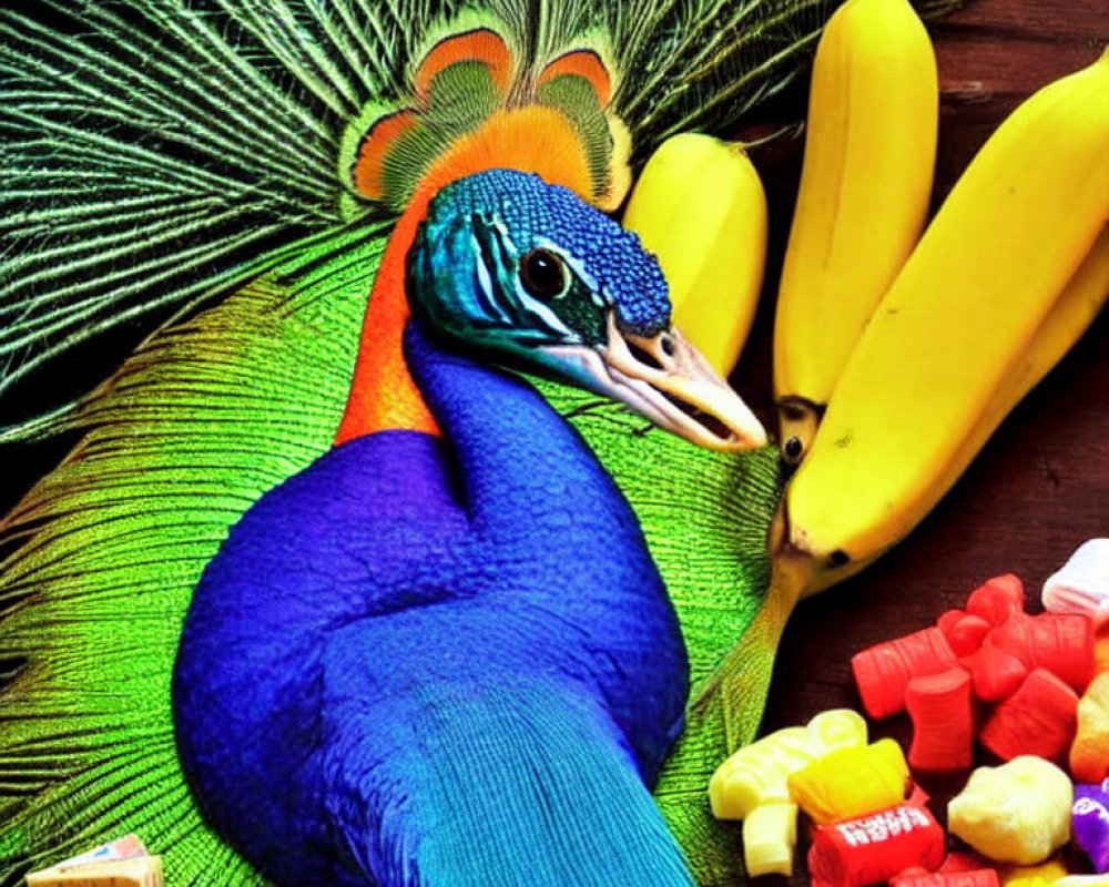 Vibrant peacock with green and blue plumage next to bananas and candies