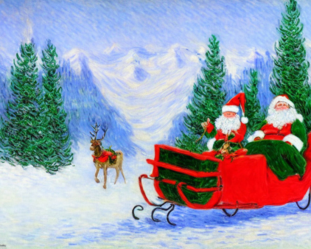 Dual Santa Claus Figures in Red Sleigh with Reindeer in Snowy Landscape