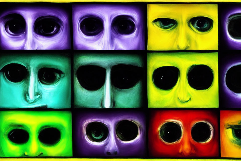 Vibrant grid of stylized alien faces with large eyes
