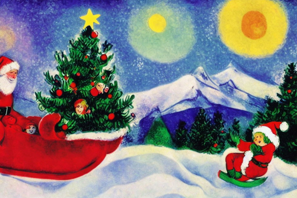 Vibrant Christmas illustration with two Santas, snowy mountains, and festive decorations