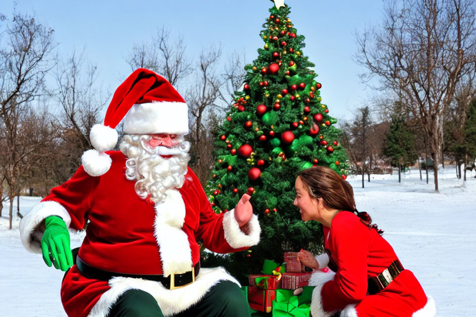 Santa Claus with child by Christmas tree in snowy park.
