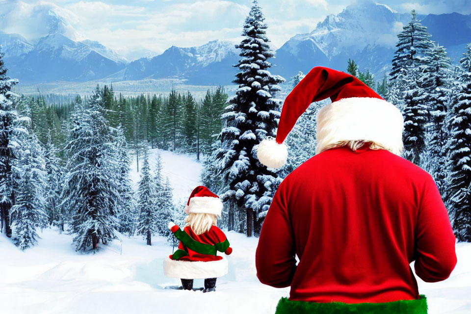 Santa Claus and elf in snowy winter landscape with pine trees and mountains.