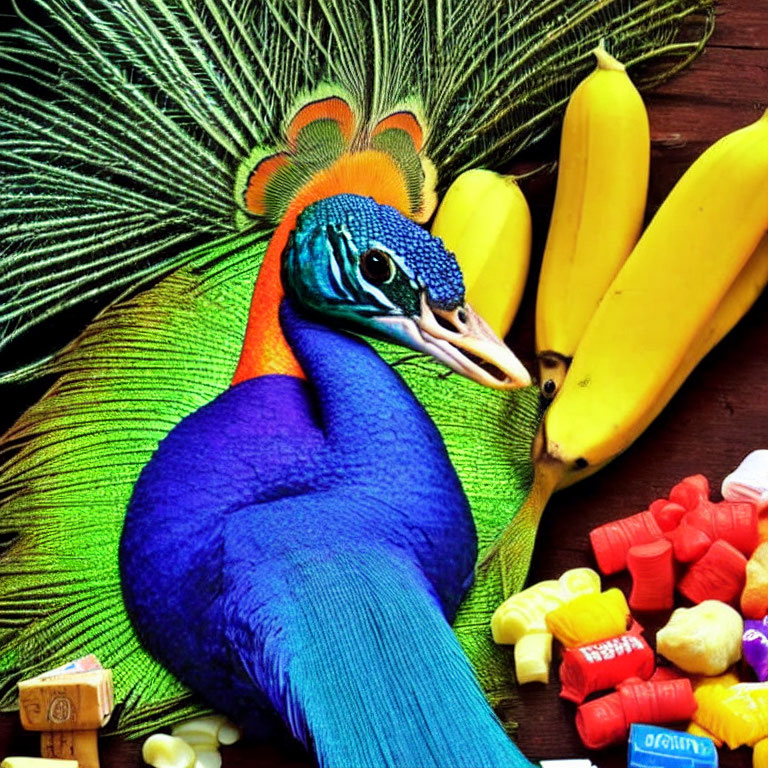 Vibrant peacock with green and blue plumage next to bananas and candies