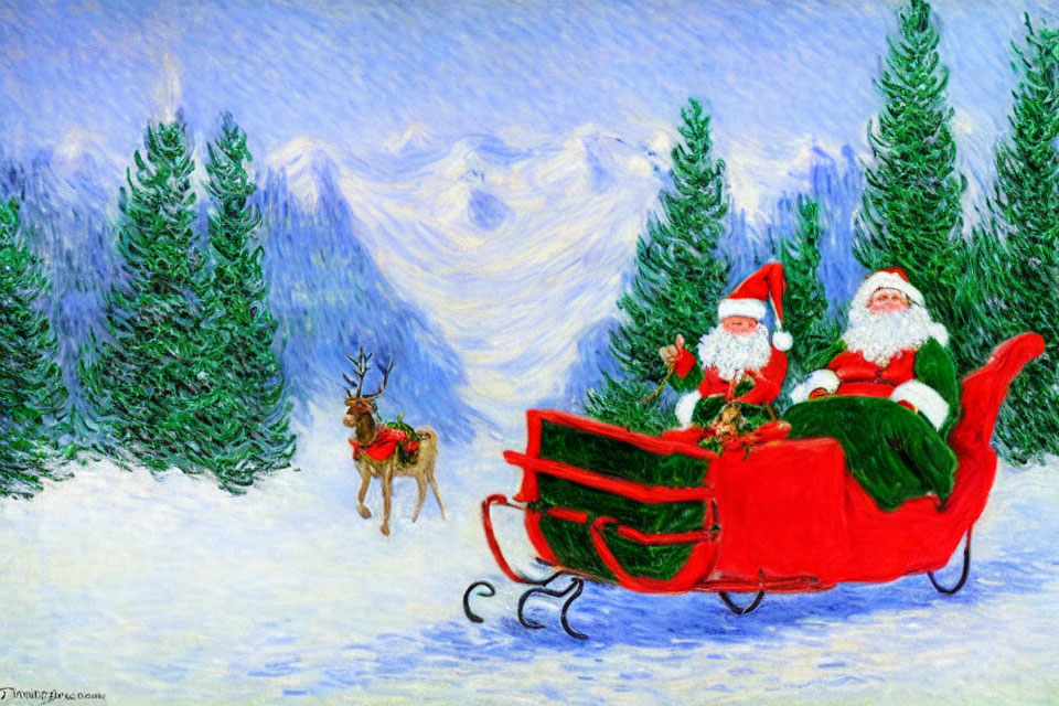 Dual Santa Claus Figures in Red Sleigh with Reindeer in Snowy Landscape