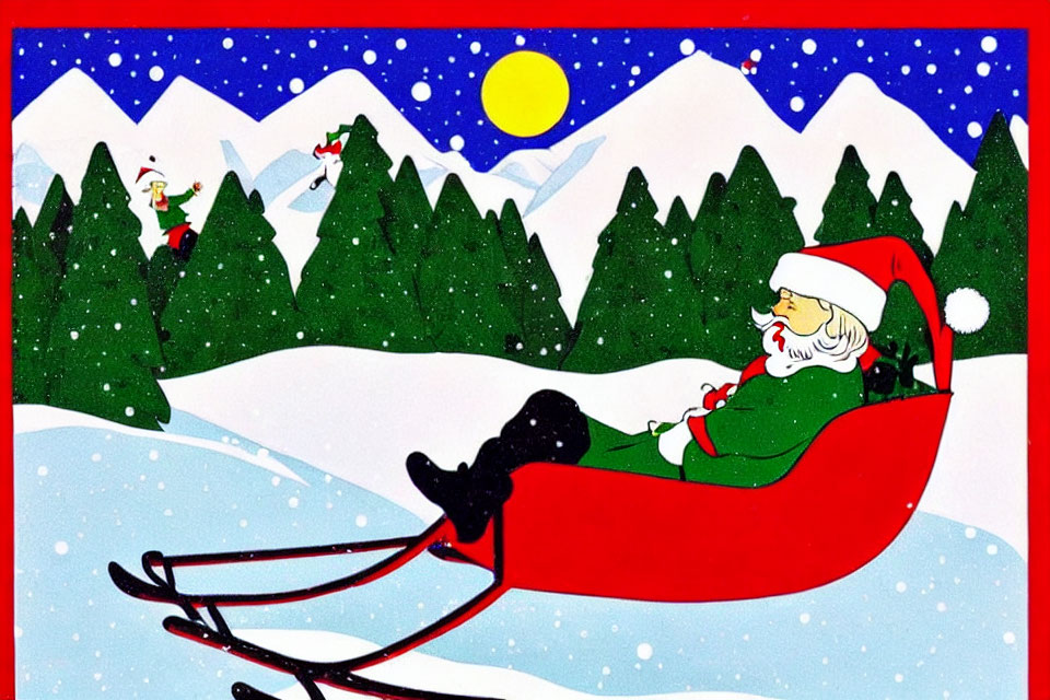 Santa Claus in sleigh with gifts, snowy landscape, and flying reindeer.