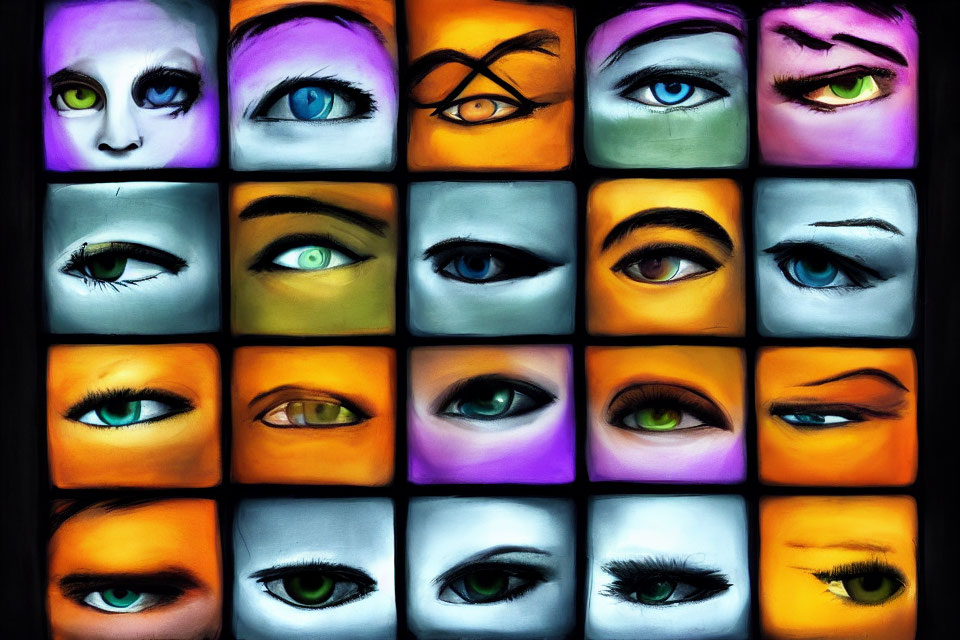 Variety of stylized eyes with expressions and makeup on colorful backgrounds