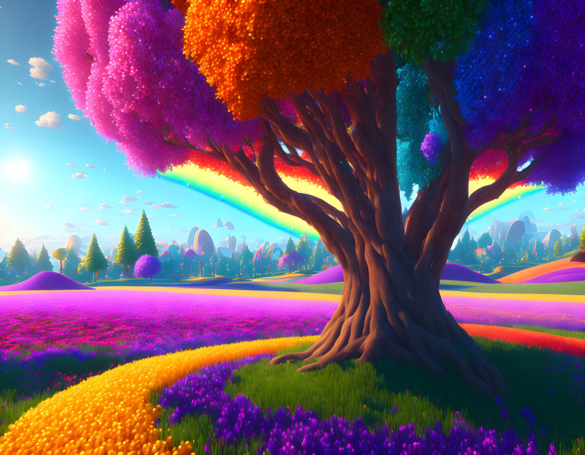 Colorful Landscape with Rainbow, Multicolored Tree, and Flower-Covered Field