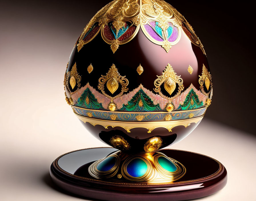 Intricate Gold-Patterned Decorative Egg on Reflective Stand