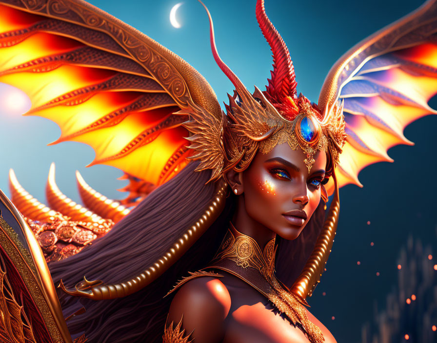 Fantasy illustration of fierce woman in golden armor with fiery wings against twilight sky