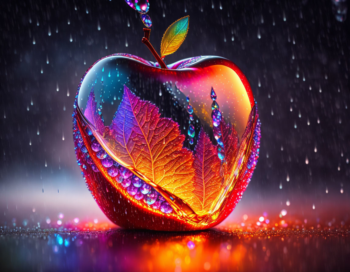 Vibrant digital artwork: Apple with leaf, water droplets, rainy backdrop
