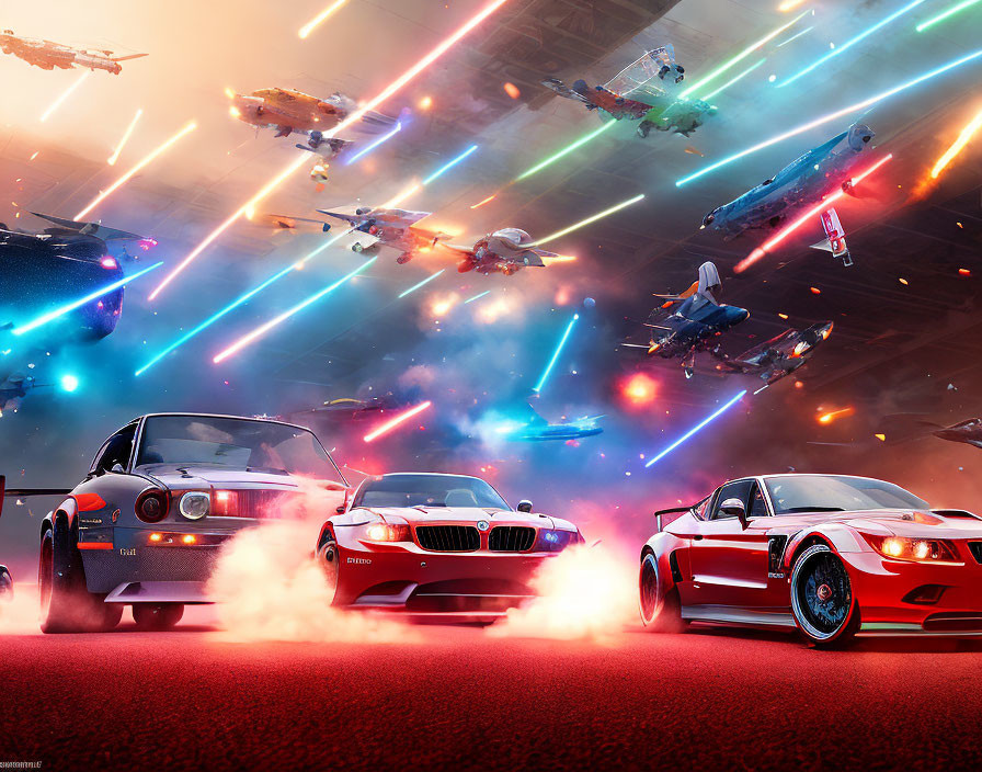 Illustration: Racing sports cars and futuristic spaceships in sky battle