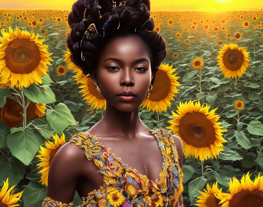 Woman with Elaborate Hairstyle in Sunflower Field Wearing Dress with Sunflower Motifs
