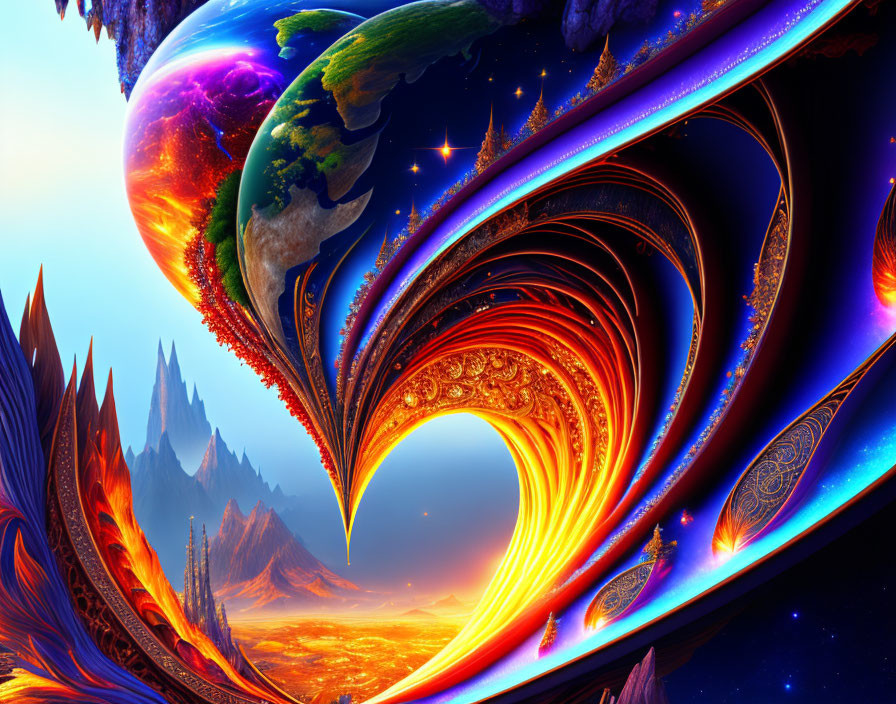 Fractal art: Cosmic and volcanic elements merge with Earth-like planet