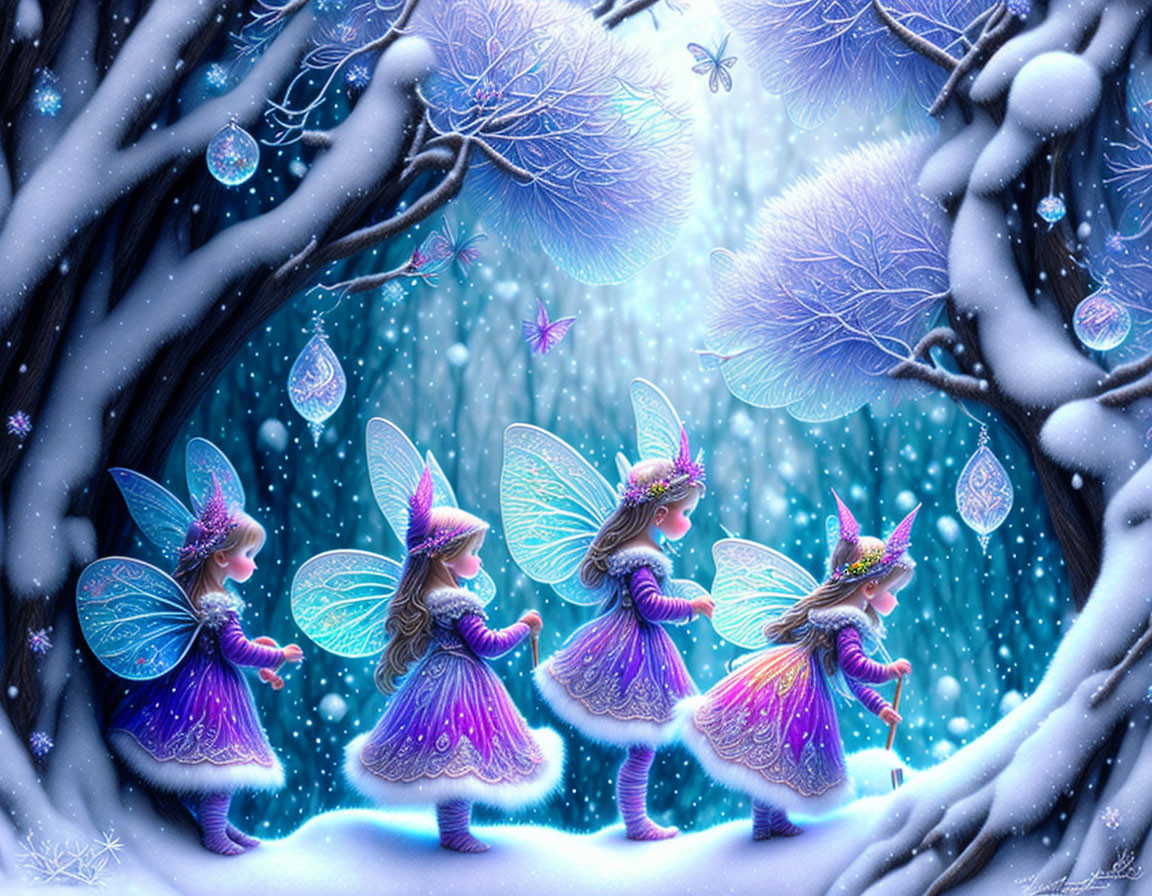 Iridescent fairy wings in snowy enchanted forest