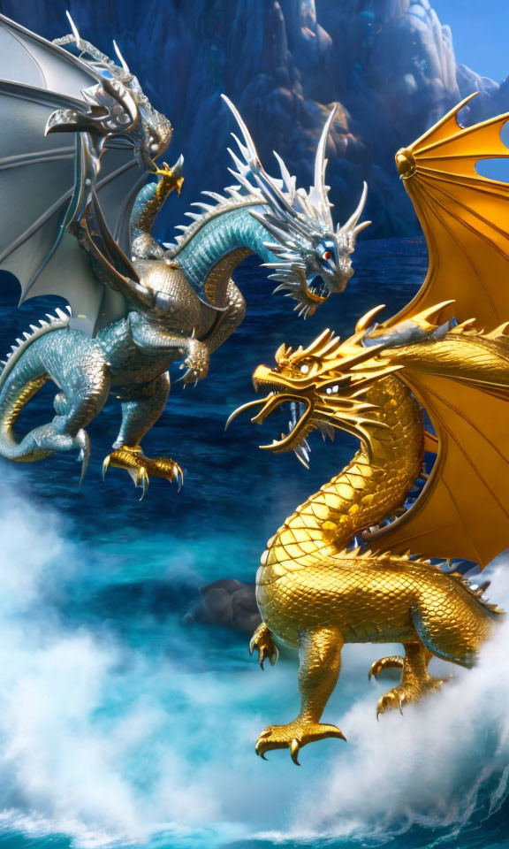 Three Majestic Dragons Flying Over Misty Waters and Cliffs