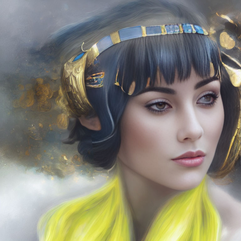 Woman with Gold Headband and Striking Makeup in Cloudy Portrait