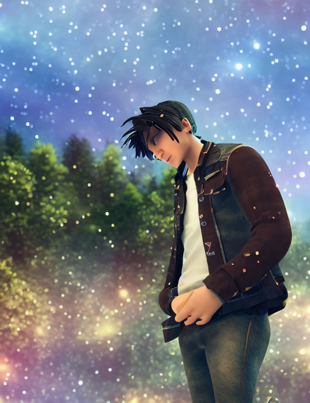 Animated character with black hair in brown jacket under starry night sky