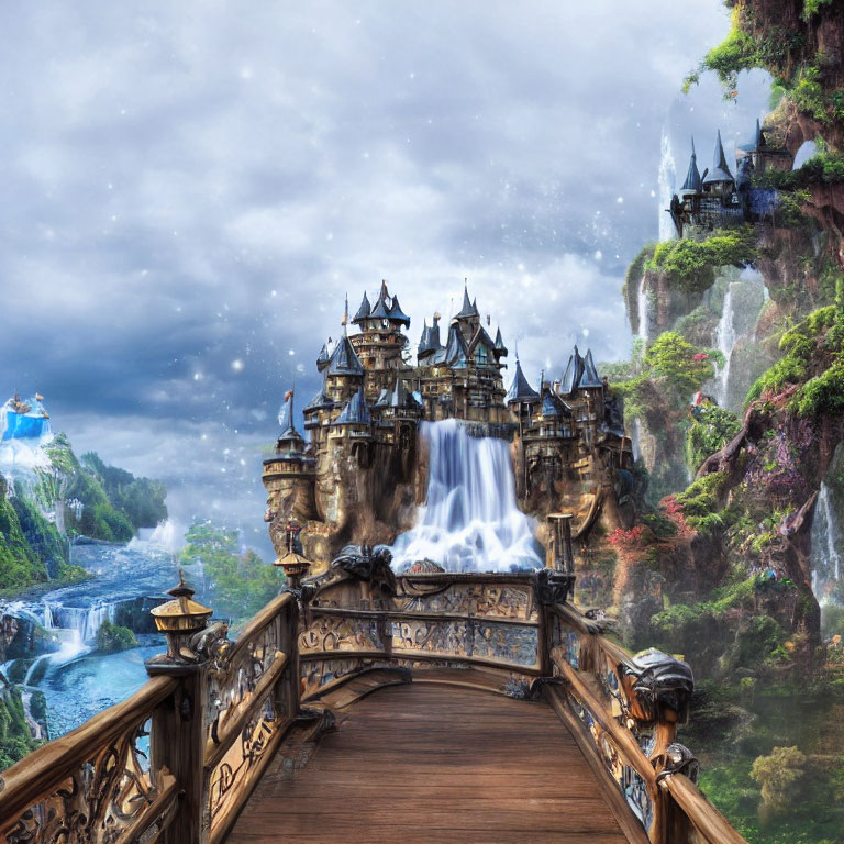 Majestic castle on fantastical bridge amid waterfalls