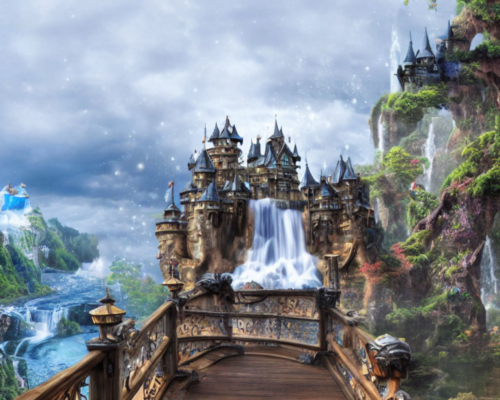 Majestic castle on fantastical bridge amid waterfalls