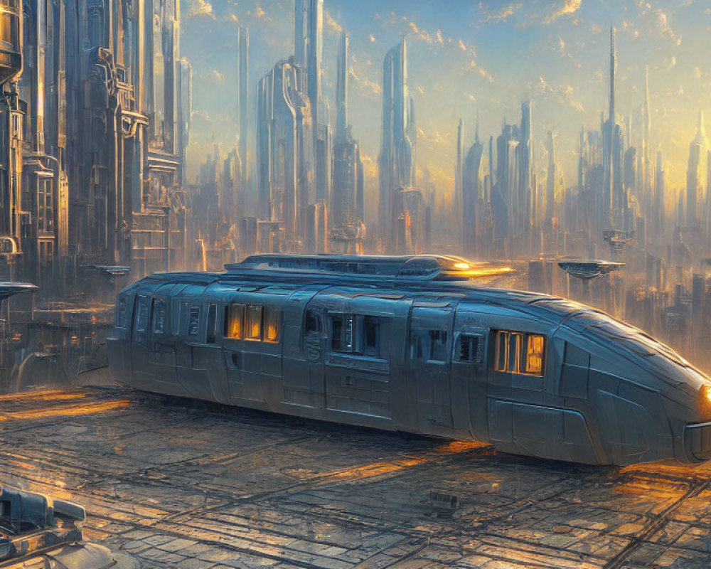 Futuristic cityscape with sleek train and towering skyscrapers