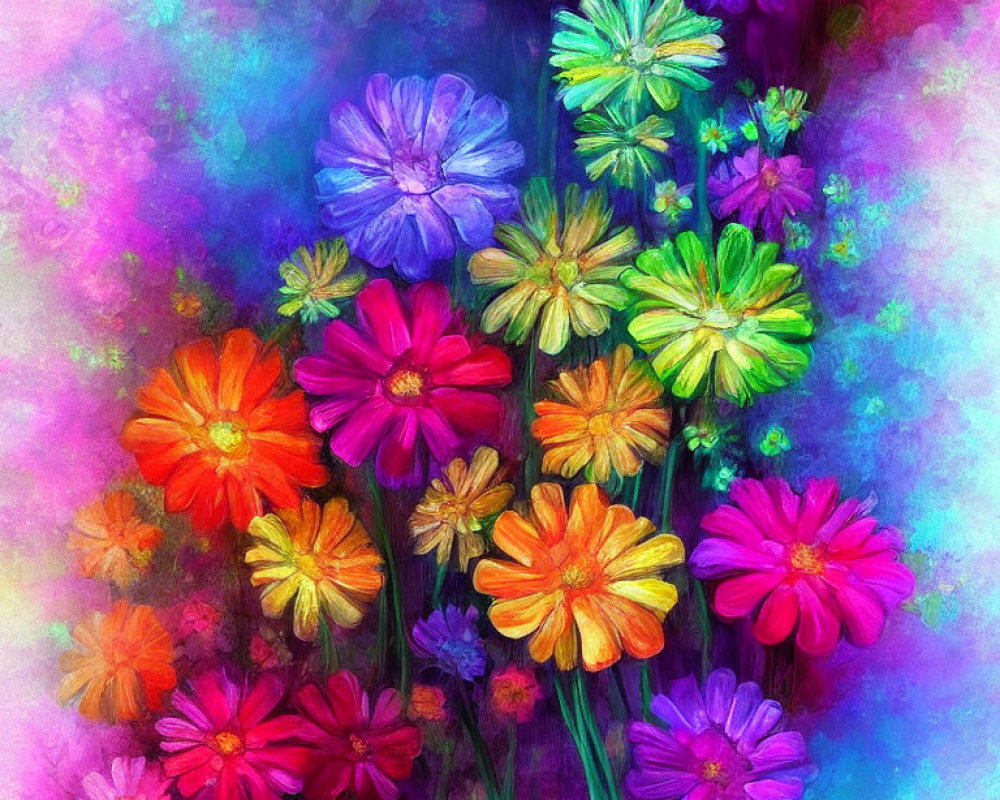 Colorful Flowers Digital Painting with Textured Impressionistic Style
