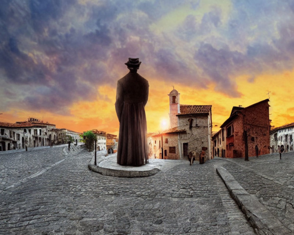 Historical statue in sunset-lit town square with dramatic sky