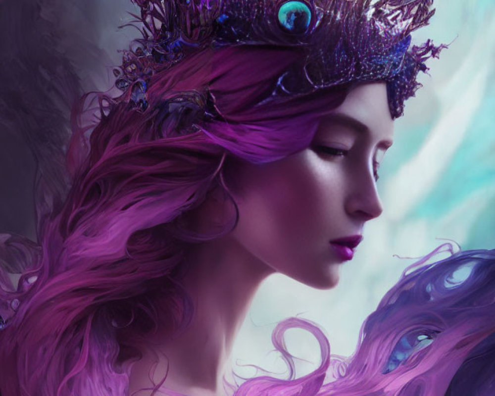 Portrait of a woman with purple hair and flower crown in mystical forest