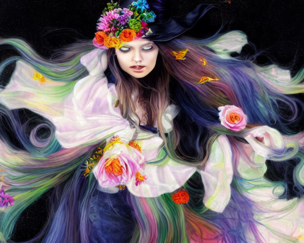 Colorful woman with floral hair and hat on black background