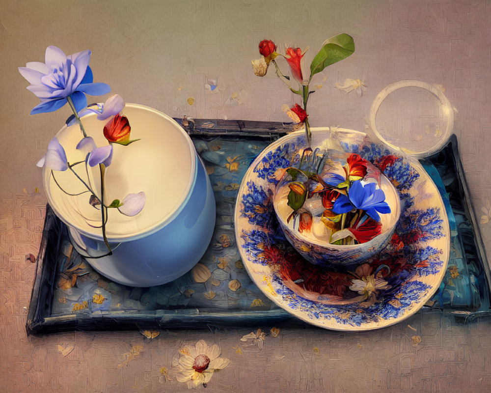 Colorful Still-Life Composition with Flowers in Teacups on Tray