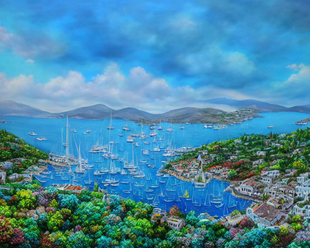Colorful yachts in blue bay with lush greenery and buildings under cloudy sky