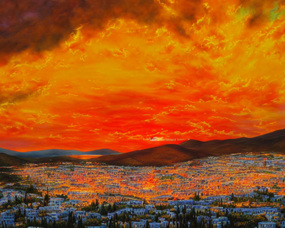 Fiery orange and red sunset over city hills