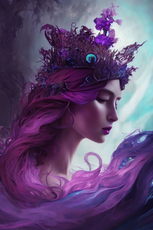 Portrait of a woman with purple hair and flower crown in mystical forest