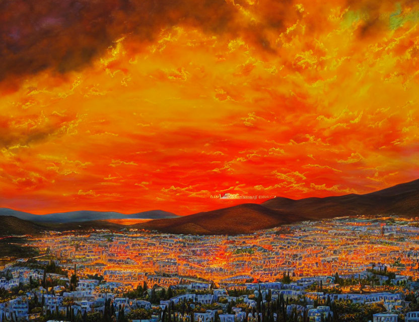 Fiery orange and red sunset over city hills