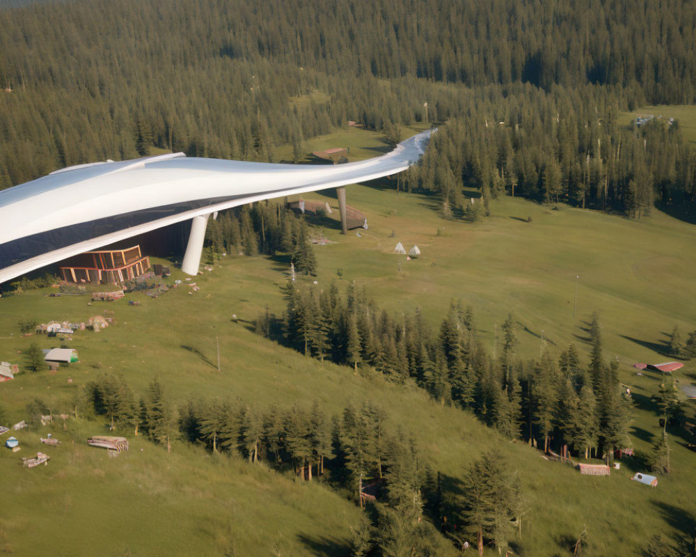 Lush Green Landscape with Trees, Building, and Airplane Wing