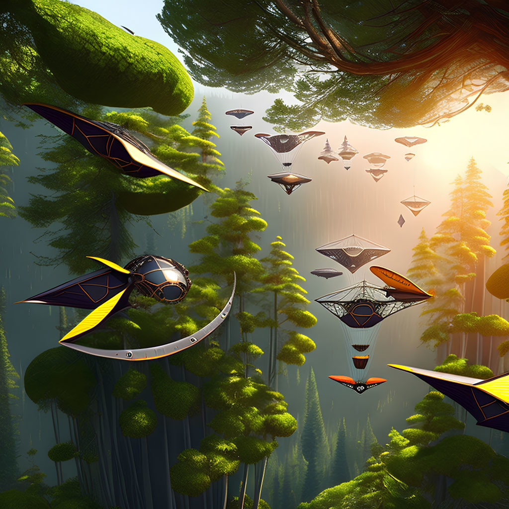 Sunlit forest with futuristic flying vehicles hovering among trees