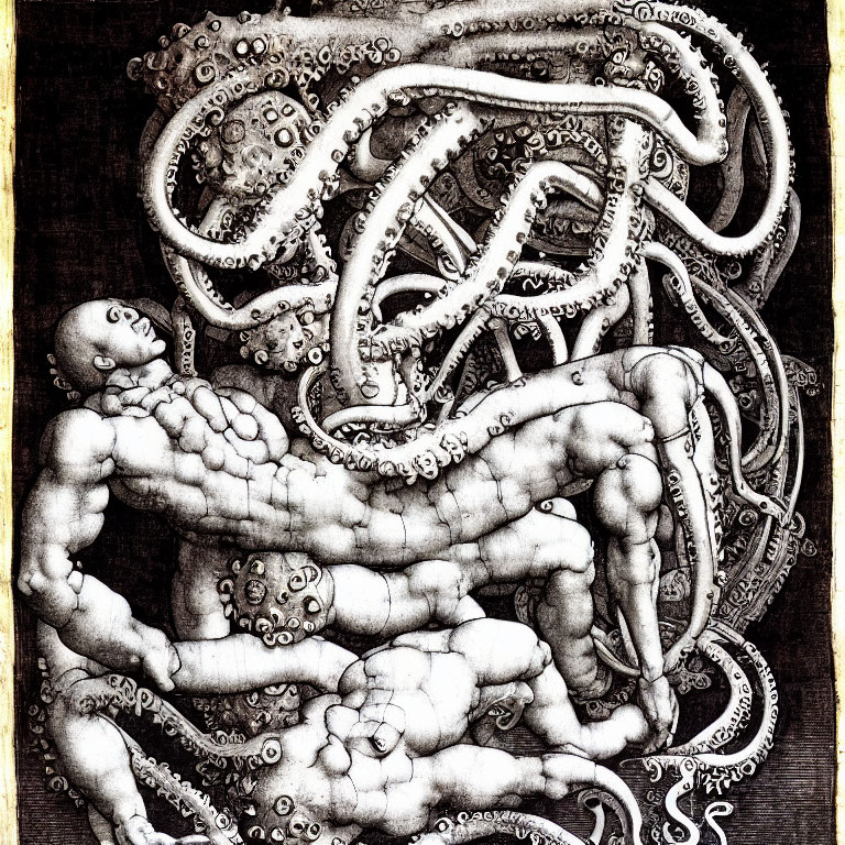 Monochrome etching style surreal scene with human figures and tentacle-like forms